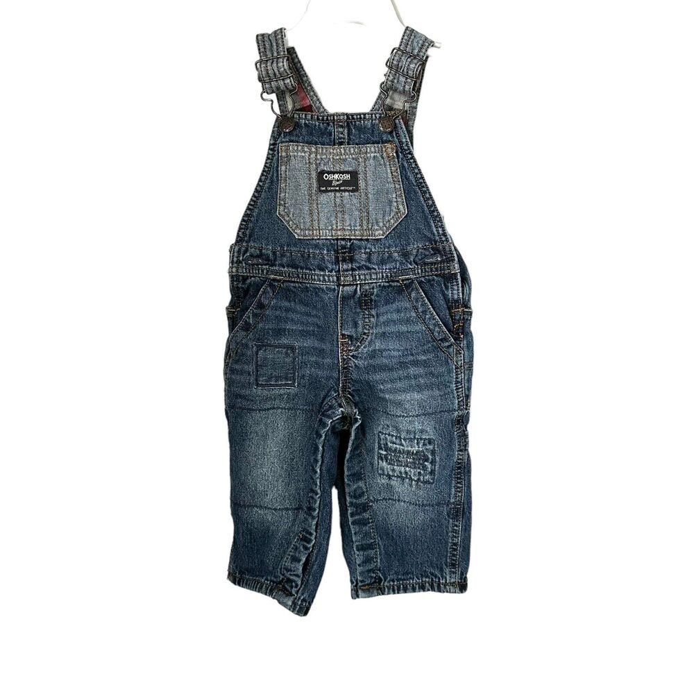 OshKosh B'Gosh 9M Blue Denim Vestbak Overalls Snap Bottom Flannel Lined Inside